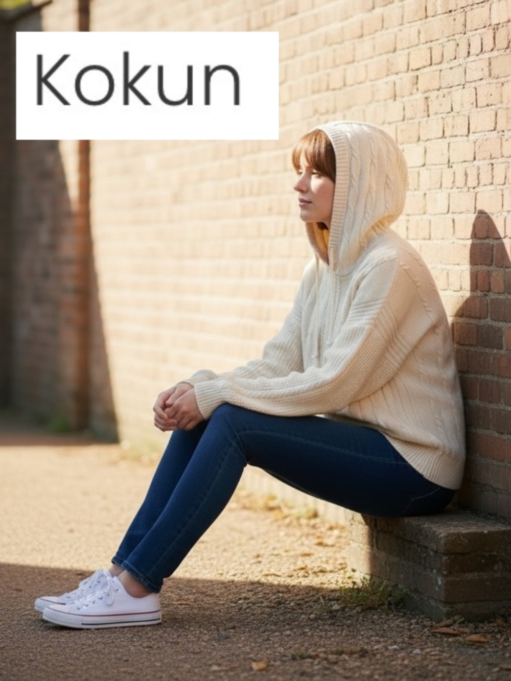 KOKUN ecru cable knit hoodie sweater, M, CB2643
